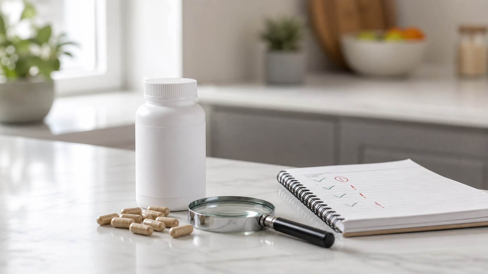 A generic supplement bottle, capsules, magnifying glass, and notes on a desk