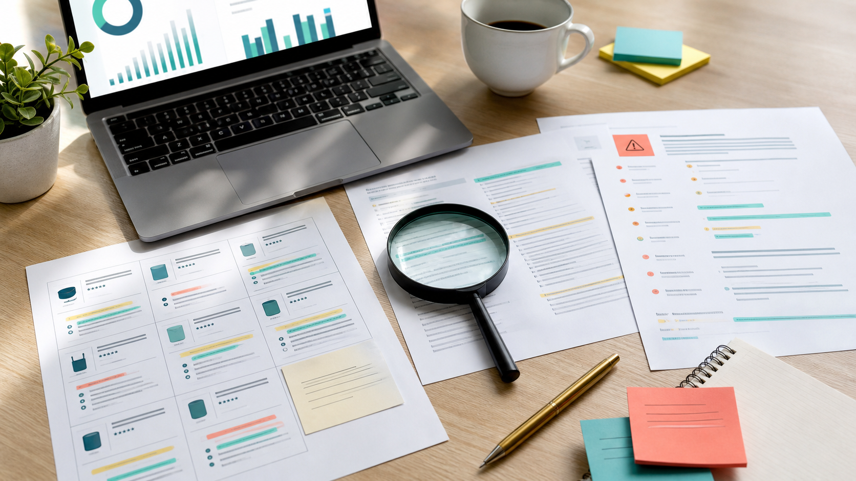 A desk with product research pages, highlighted claim notes, a laptop, and a magnifying glass