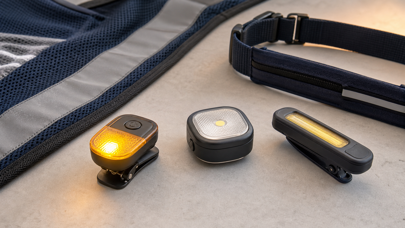 Three unbranded clip-on walking lights with different attachment shapes beside reflective walking gear