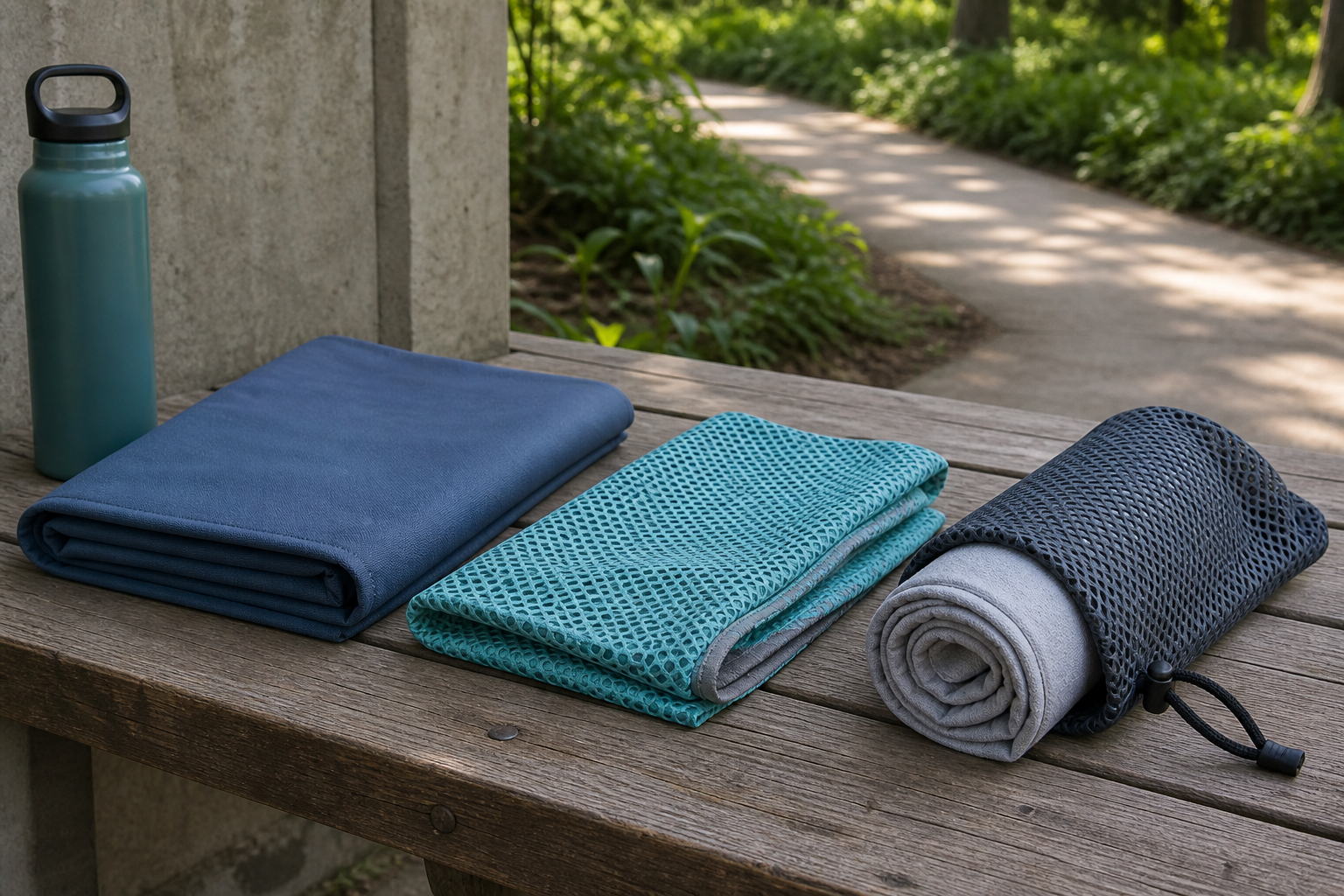 Three unbranded reusable cooling towels—a smooth folded towel, a textured mesh towel, and a rolled towel in a ventilated pouch—on a shaded park bench