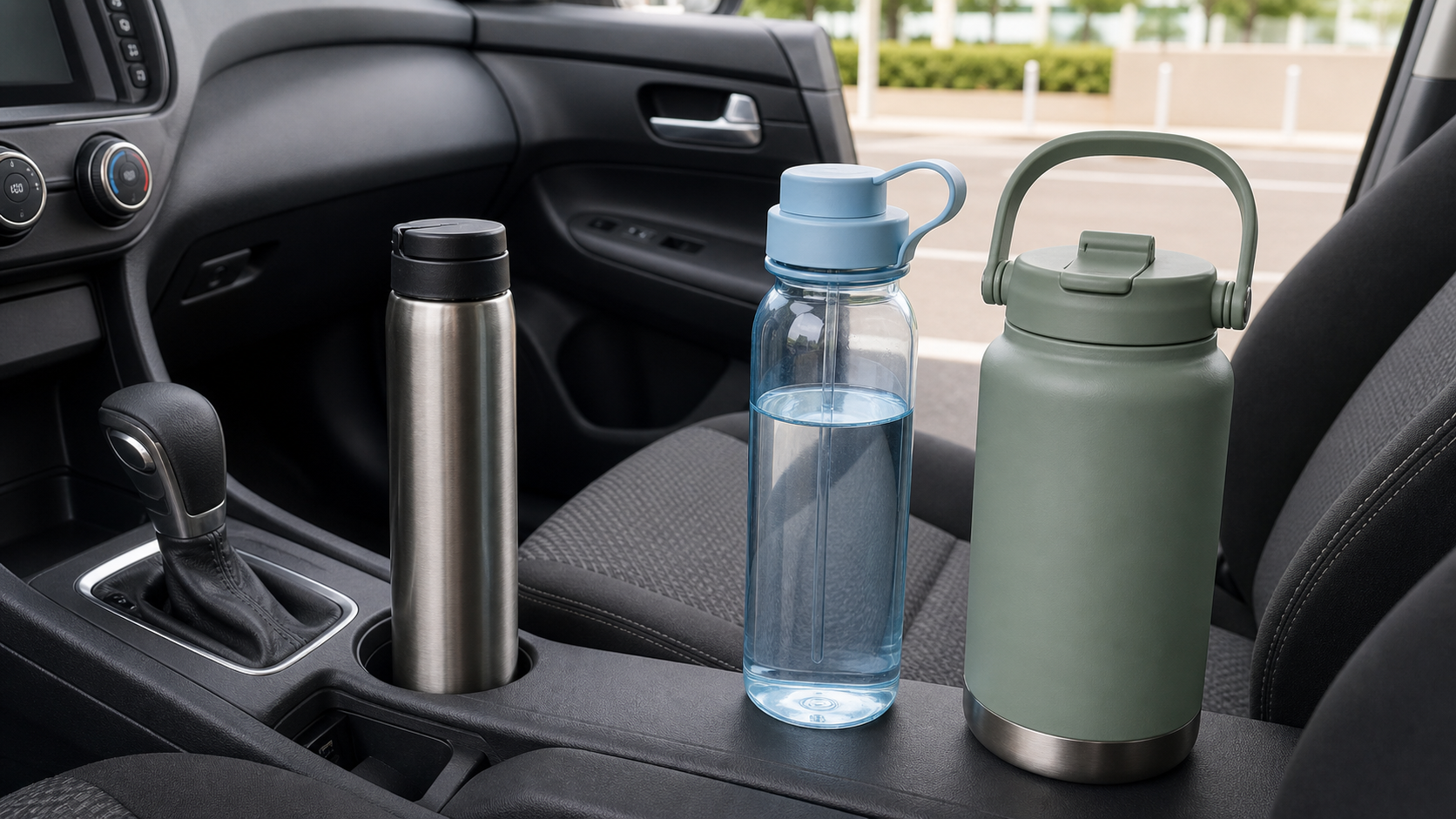 Three unbranded commuter water bottles beside a parked car console, with a narrow stainless steel bottle seated in the cup holder