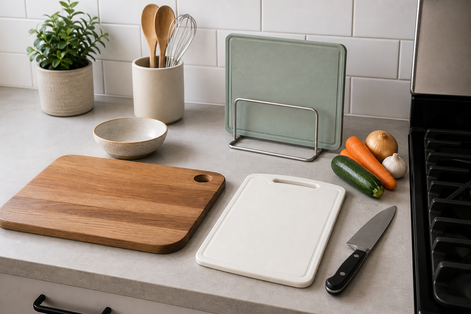Wood, plastic, and rack-stored cutting boards arranged on a compact kitchen counter
