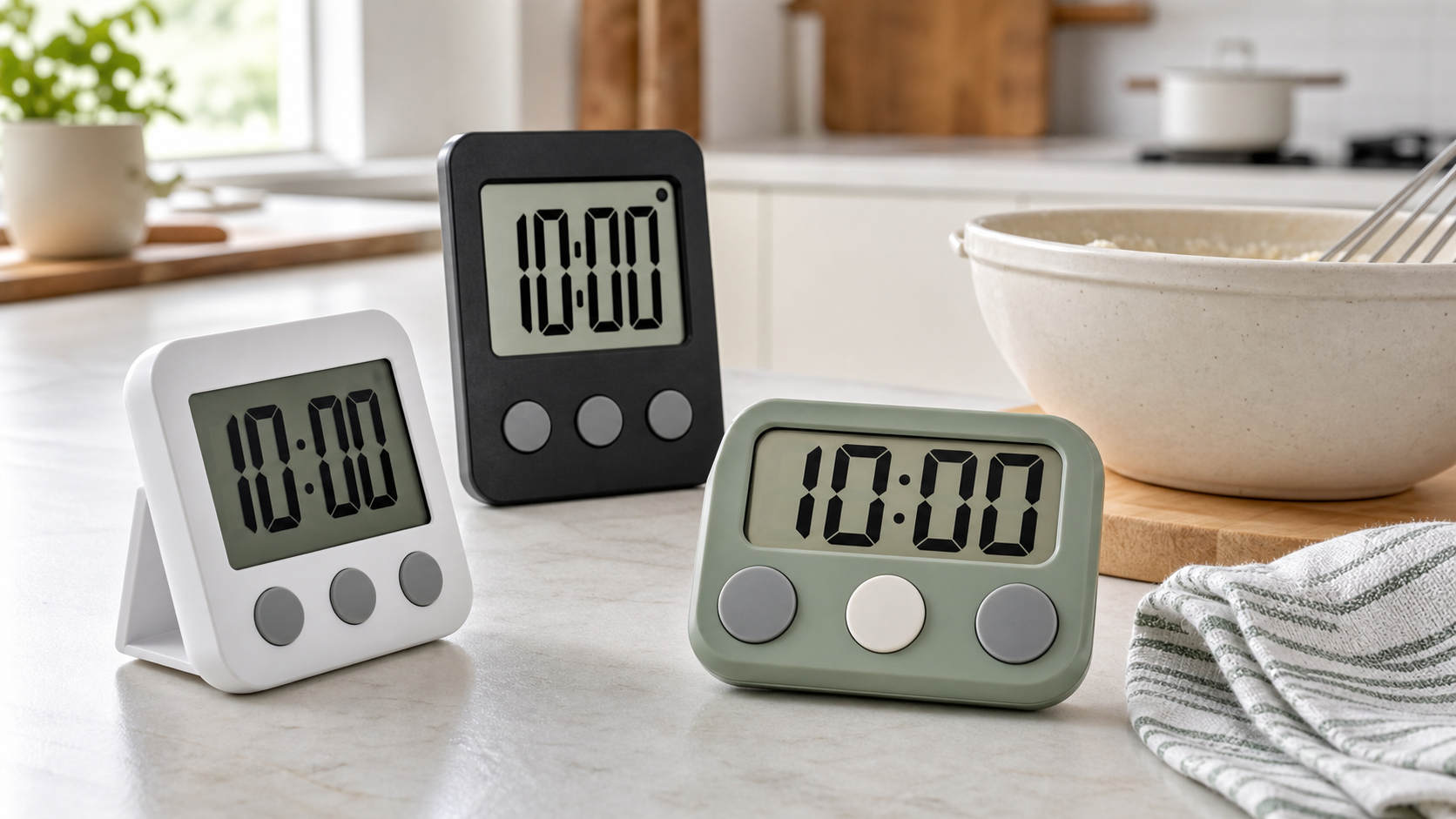 Three unbranded digital kitchen timers with large high-contrast displays and widely separated buttons on a bright kitchen counter