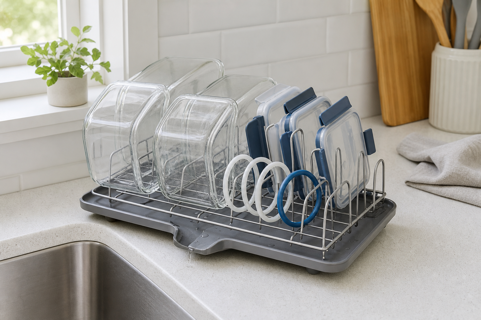 Dish racks holding meal-prep containers, lids, and reusable bottle parts for air drying