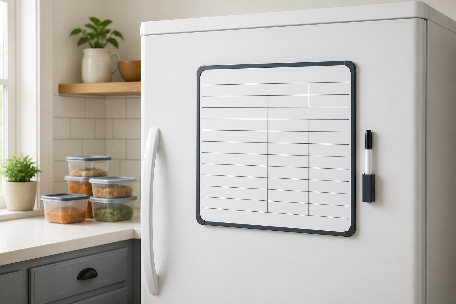 Blank magnetic freezer inventory board with empty rows and a dry-erase marker mounted on a white freezer door