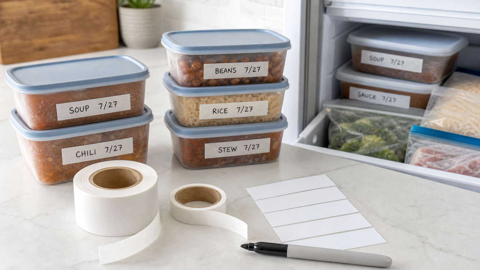 Freezer label tape rolls, blank strips, marker, and labeled batch-cooking containers beside an open freezer