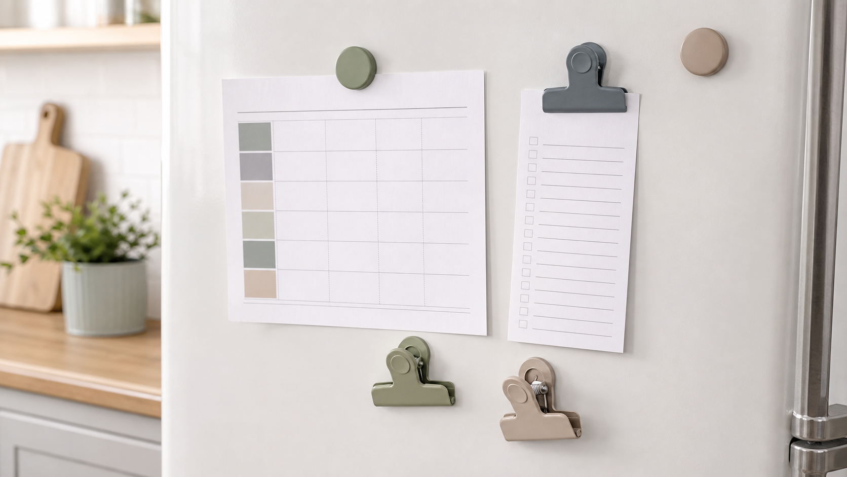Unbranded round fridge magnets and spring-style magnetic clips holding a weekly planning sheet and grocery checklist on a light refrigerator door