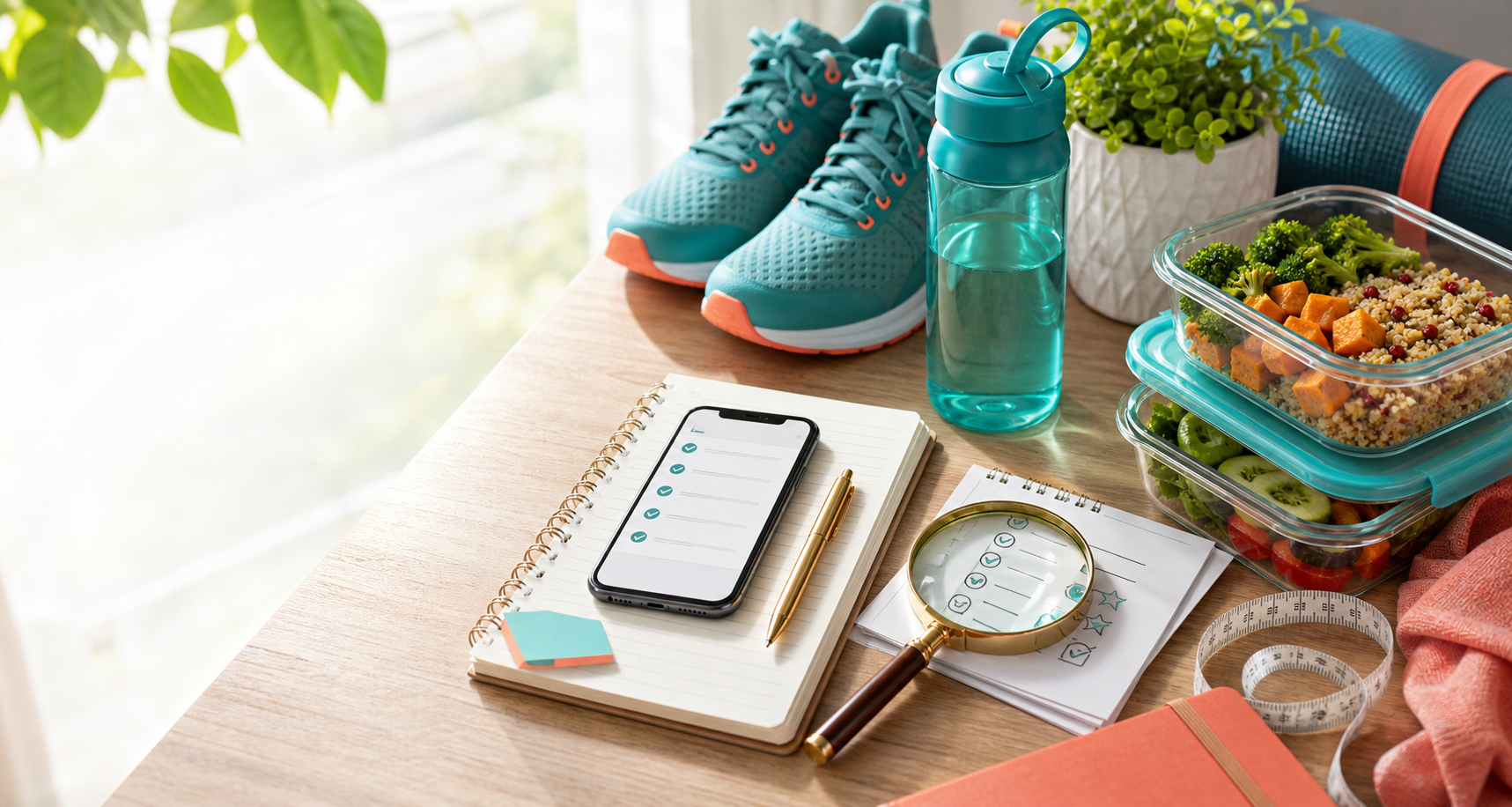 Workout shoes, a water bottle, meal-prep containers, a journal, and claim-checking notes on a bright table