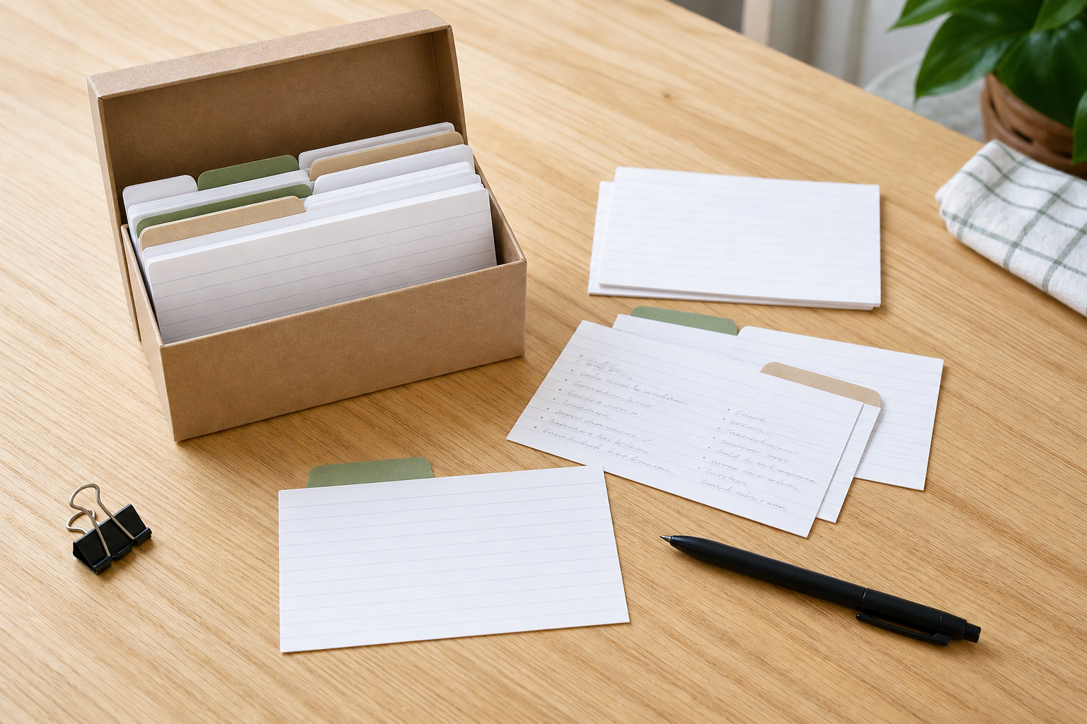 Open index card box with blank cards, muted divider tabs, a pen, and a binder clip on a kitchen table
