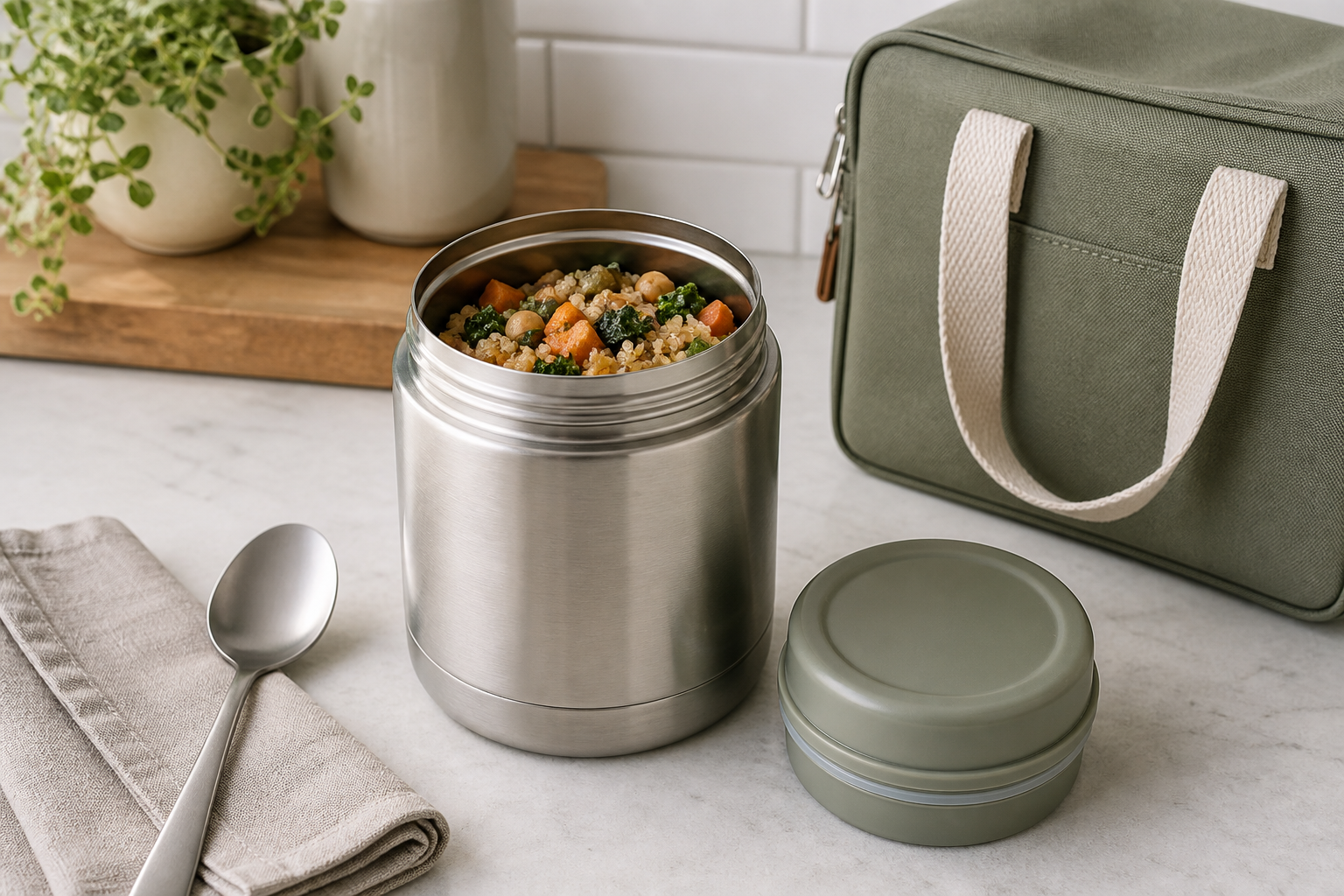 Open stainless-steel insulated food jar beside its lid, spoon, and commuter lunch bag