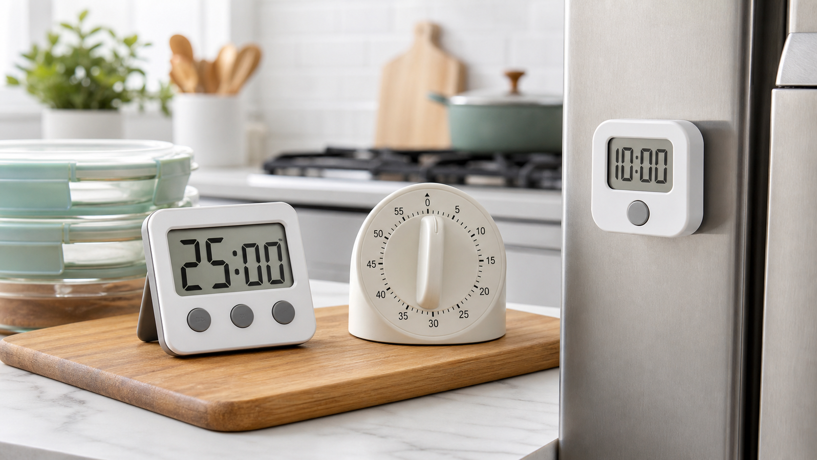 Digital countertop, mechanical dial, and magnetic kitchen timers arranged beside meal-prep containers in a bright kitchen