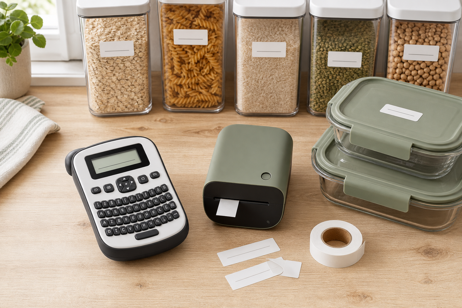 Label makers, printed pantry labels, and dated meal-prep container labels arranged for comparison