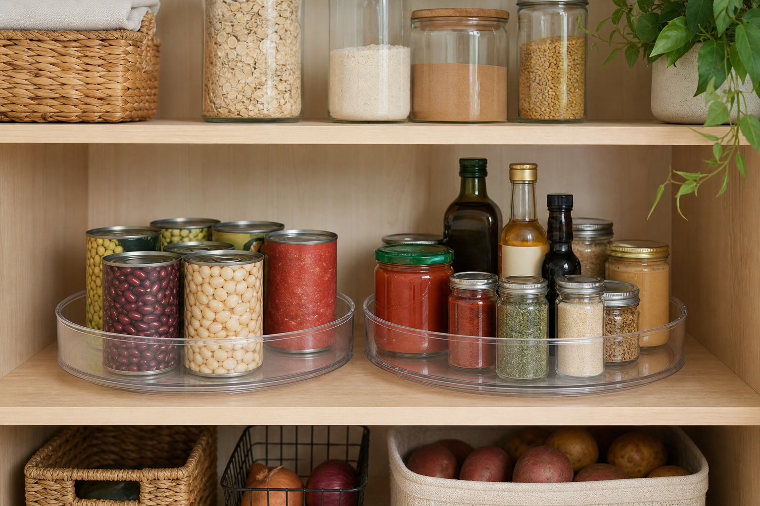 Two clear, low-rim pantry turntables holding jars, cans, oils, and seasonings on a compact wood shelf