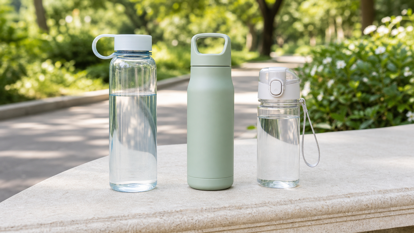 Three unbranded lightweight reusable water bottles with a loop cap, broad handle, and wrist strap on a pale ledge beside a green walking path