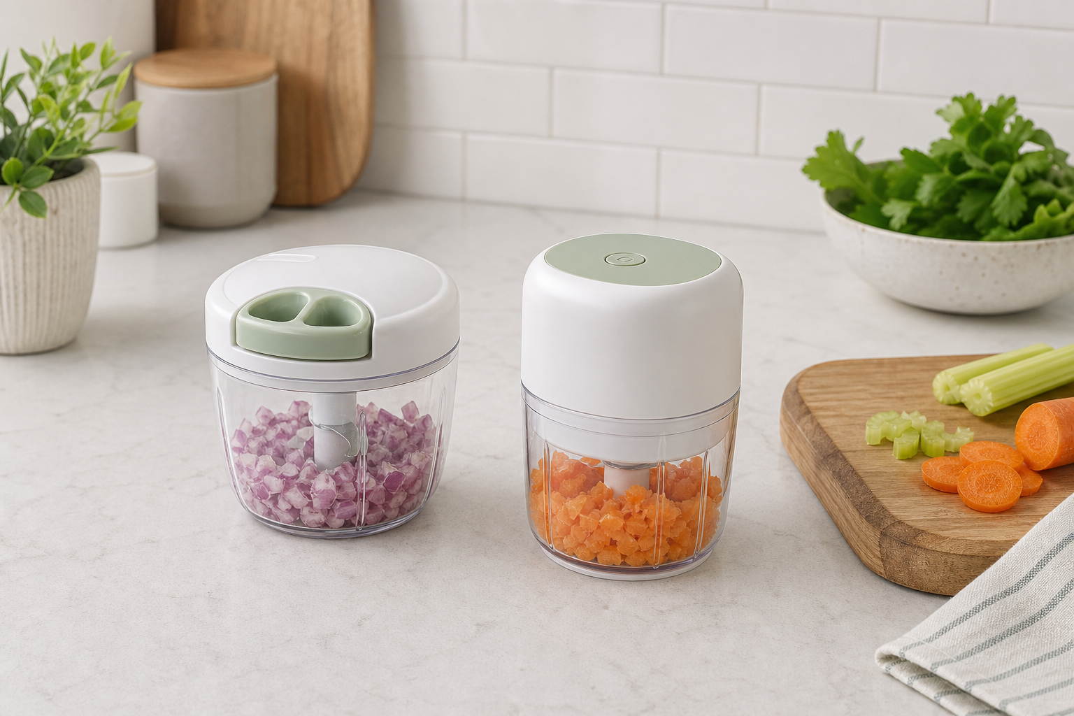 A manual pull-cord mini chopper and compact electric mini chopper prepared for small-batch kitchen tasks