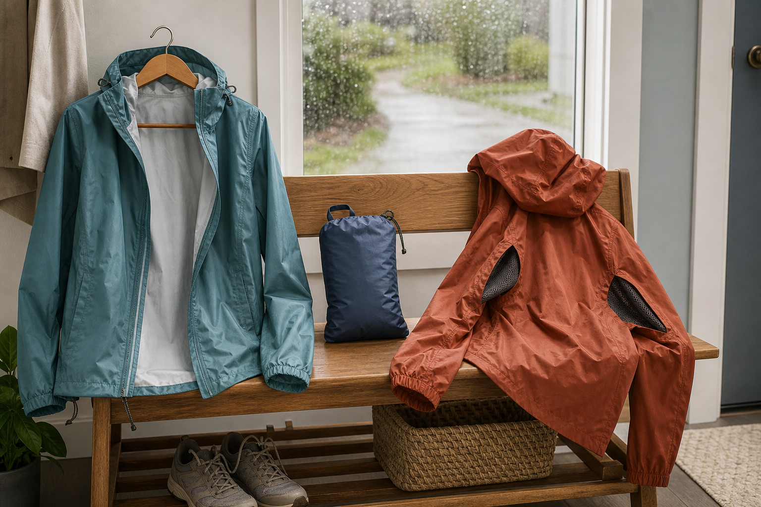 Teal and rust packable rain jackets plus a compact jacket pouch arranged on a bench beside a rain-speckled window