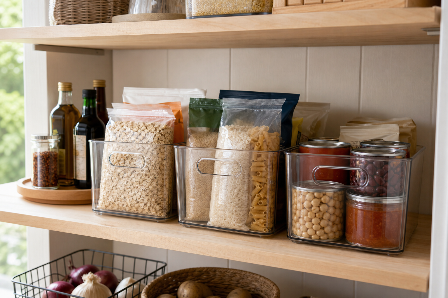 Three clear pantry bins holding visible oats, rice, pasta, and canned staples on wood shelves