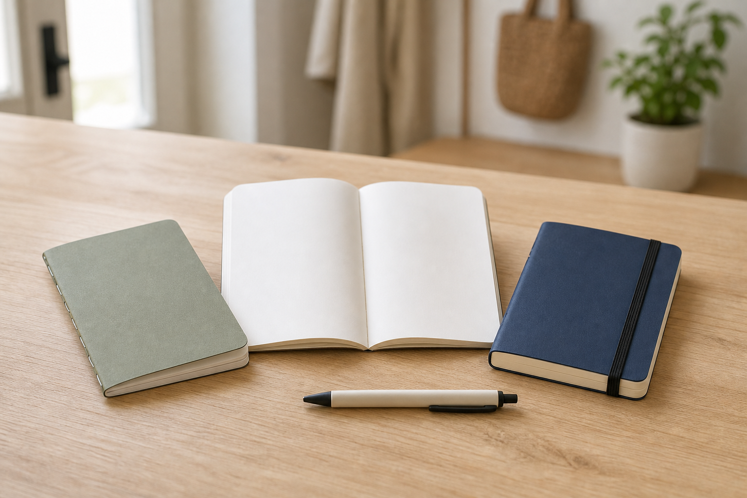 Pocket notebooks in several bindings beside a grocery list and pen
