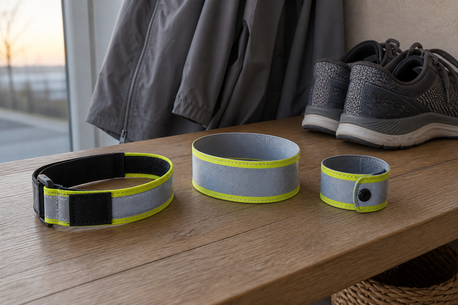 Three unbranded reflective armband formats with different widths and closures arranged beside walking shoes and a jacket
