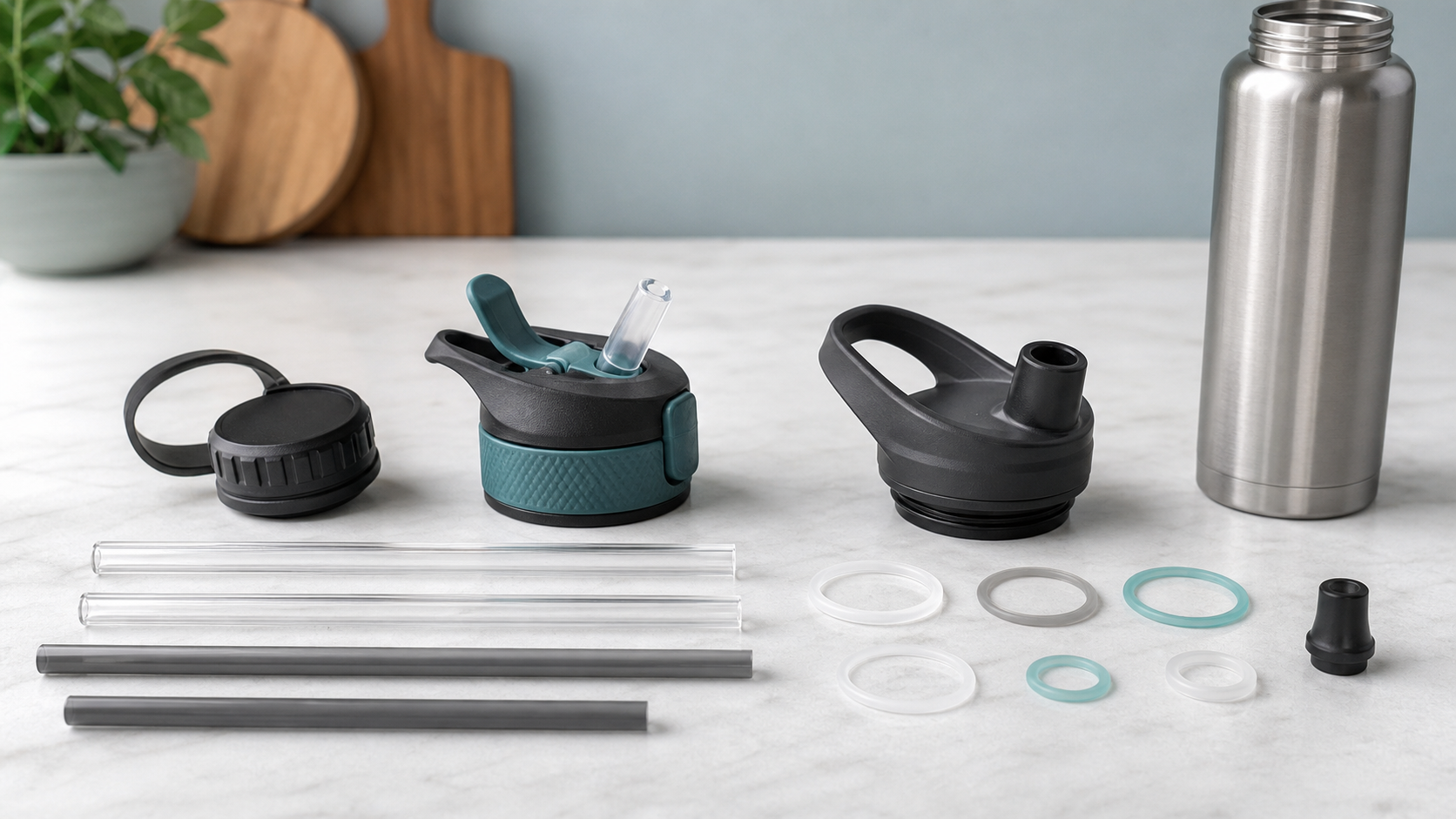 Three unbranded reusable bottle lids, several straws, silicone gaskets, and a mouthpiece arranged beside an open stainless bottle for compatibility comparison