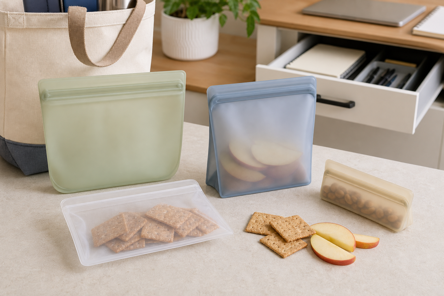 Four reusable snack bags in flat, stand-up, and narrow formats beside a canvas commute tote and an open desk drawer