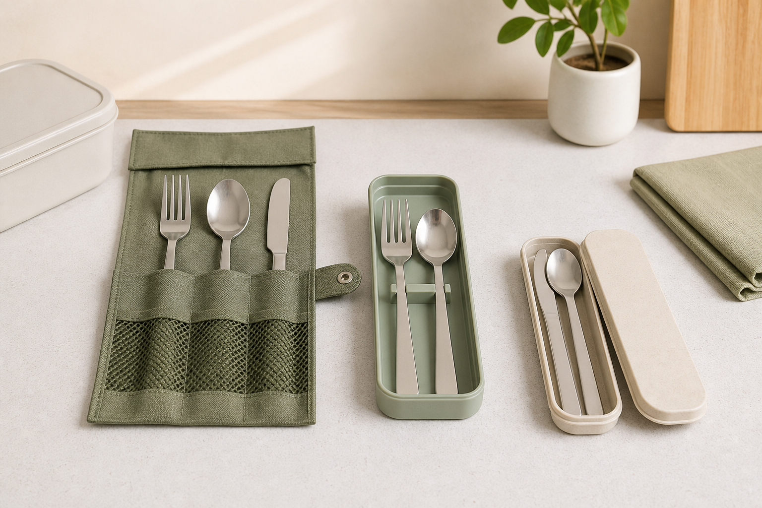 Three unbranded reusable utensil formats for packed lunches: a full-size set in a fabric roll and two compact sets in washable cases
