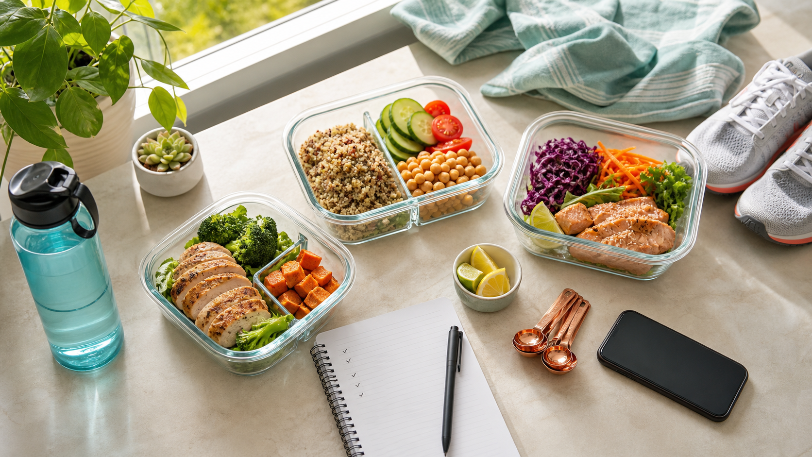 Meal-prep containers, a water bottle, walking shoes, measuring spoons, and a notebook on a bright kitchen table
