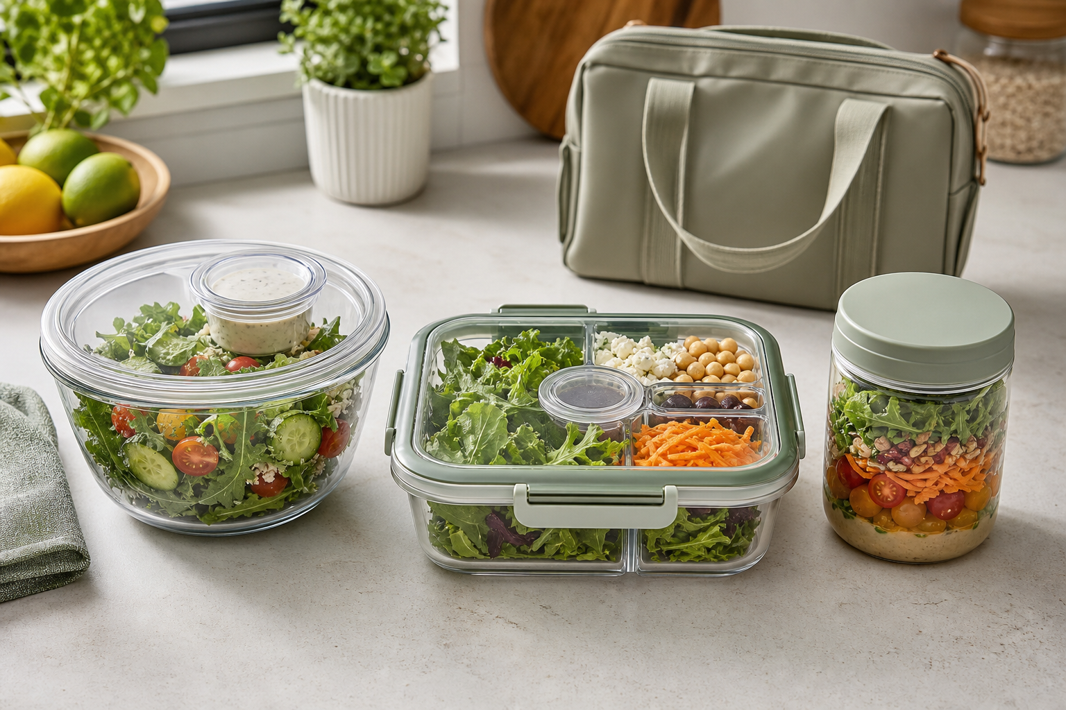 Three unbranded work-lunch salad container formats: a large bowl with dressing cup, a compartmented box, and a compact jar-style container
