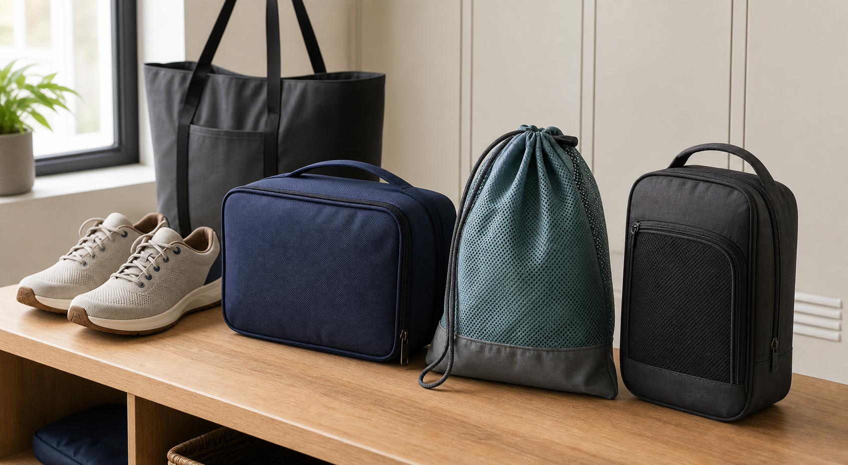 Three unbranded commuter shoe-bag formats—a structured zip case, ventilated drawstring bag, and compact handled pouch—beside walking shoes and a work tote