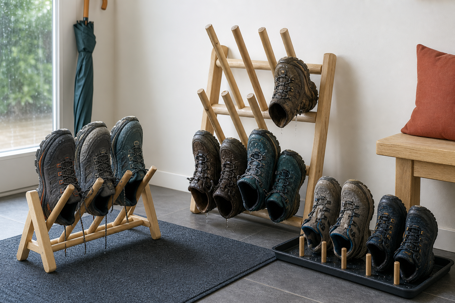 Three passive wooden shoe-drying rack formats holding rain-damp walking shoes over a mat and drip tray in an entryway