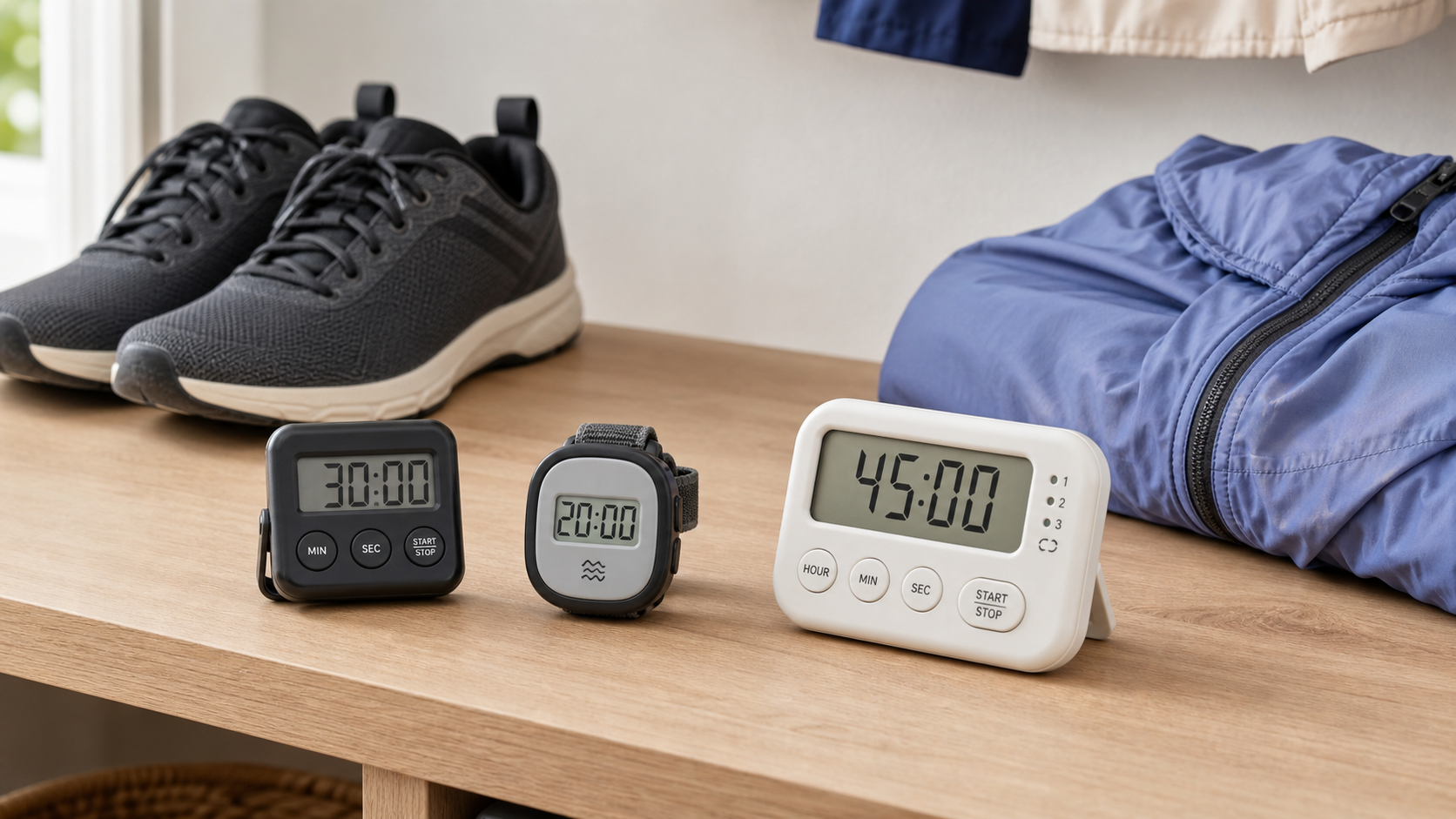 Three unbranded clip-on, wearable, and tabletop interval timers beside walking shoes and a lightweight jacket