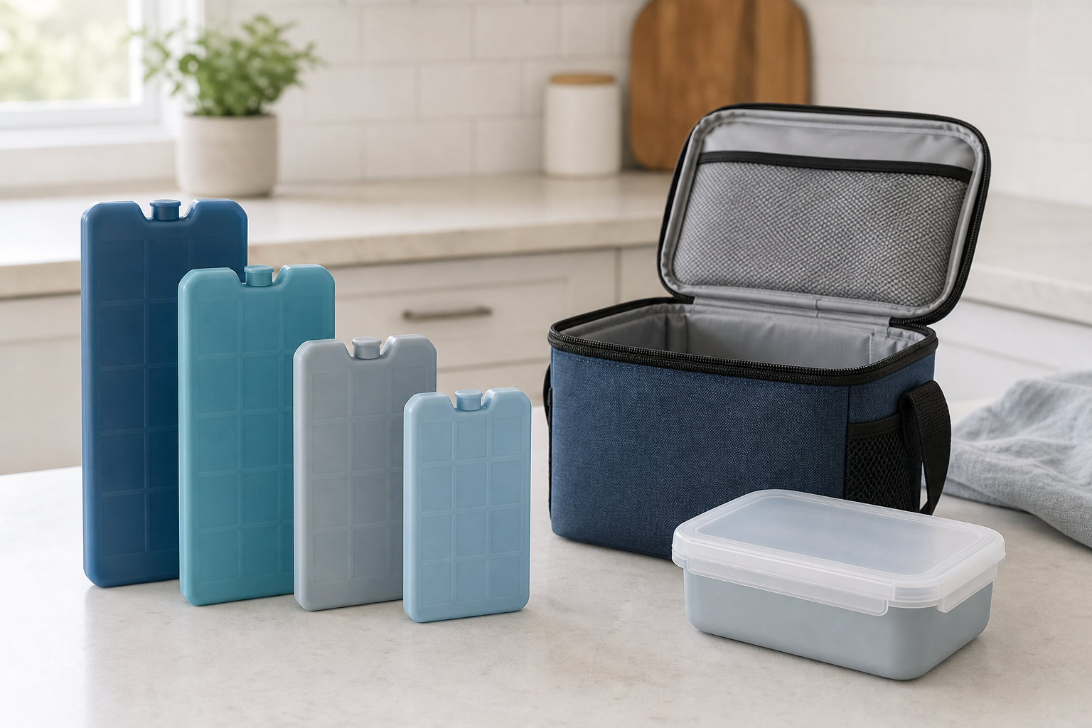 Four slim reusable ice packs in different sizes beside an open compact lunch bag and food container