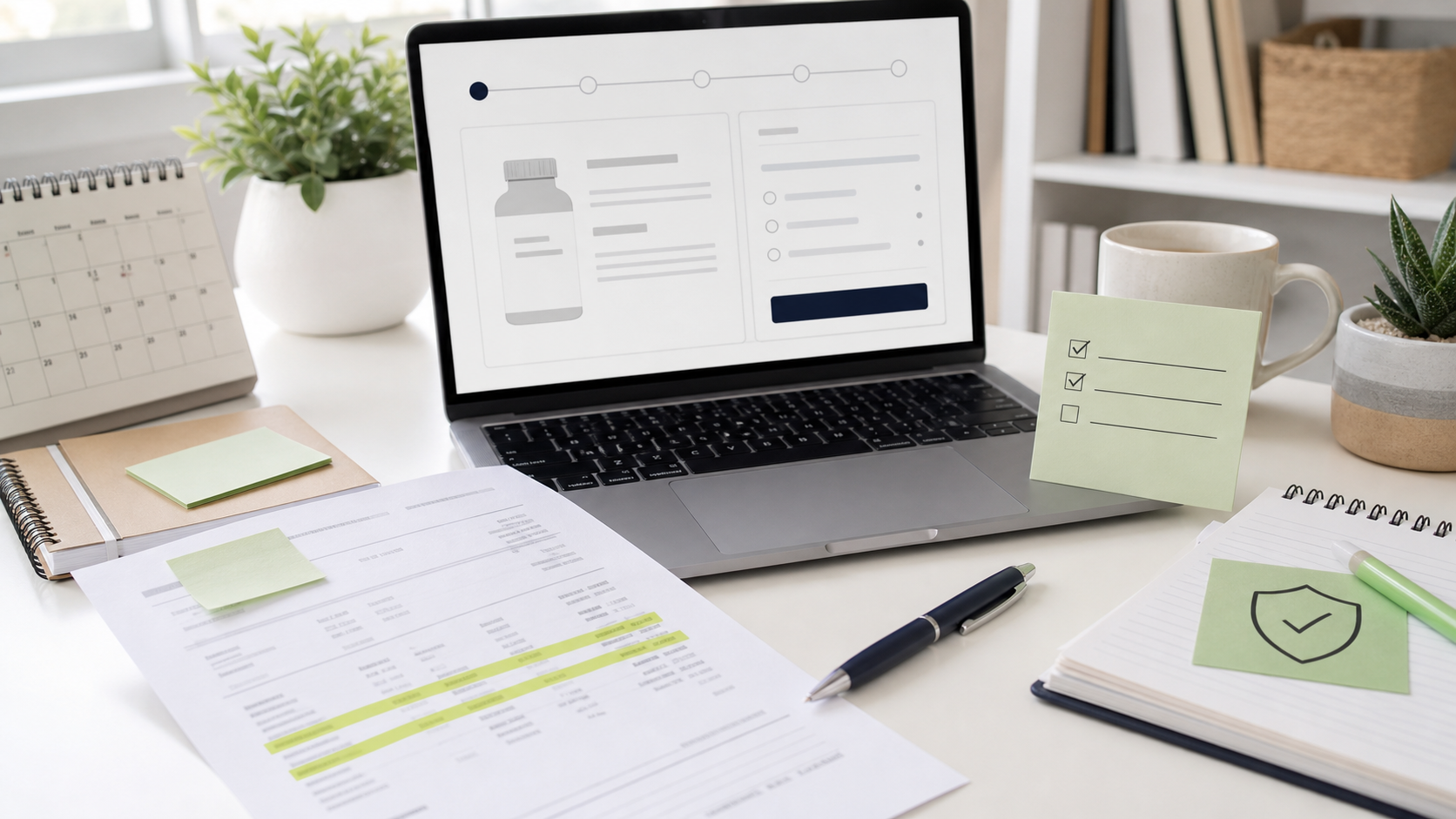 A laptop checkout screen, highlighted billing statement, calendar, and checklist for reviewing subscription terms before buying