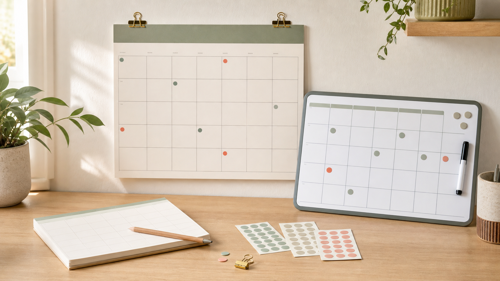 Paper wall calendar, reusable magnetic calendar, and compact calendar pad with neutral colored tracking dots