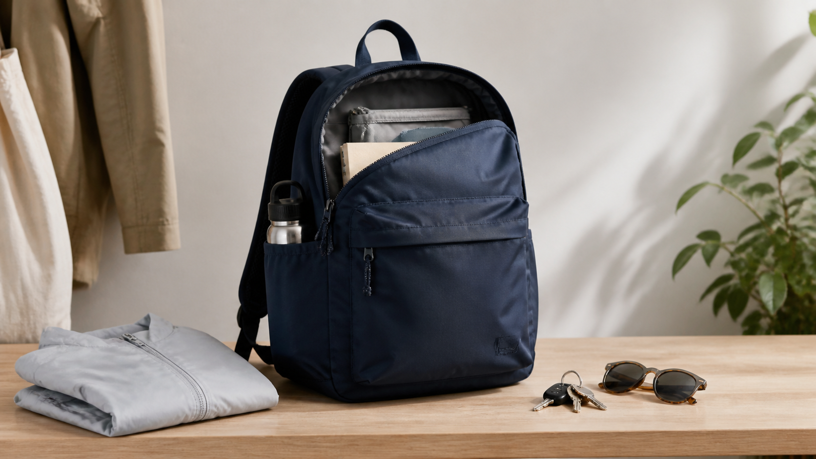 Compact navy backpack with a reusable bottle in its side pocket, a folded light layer, keys, and sunglasses on an entryway bench