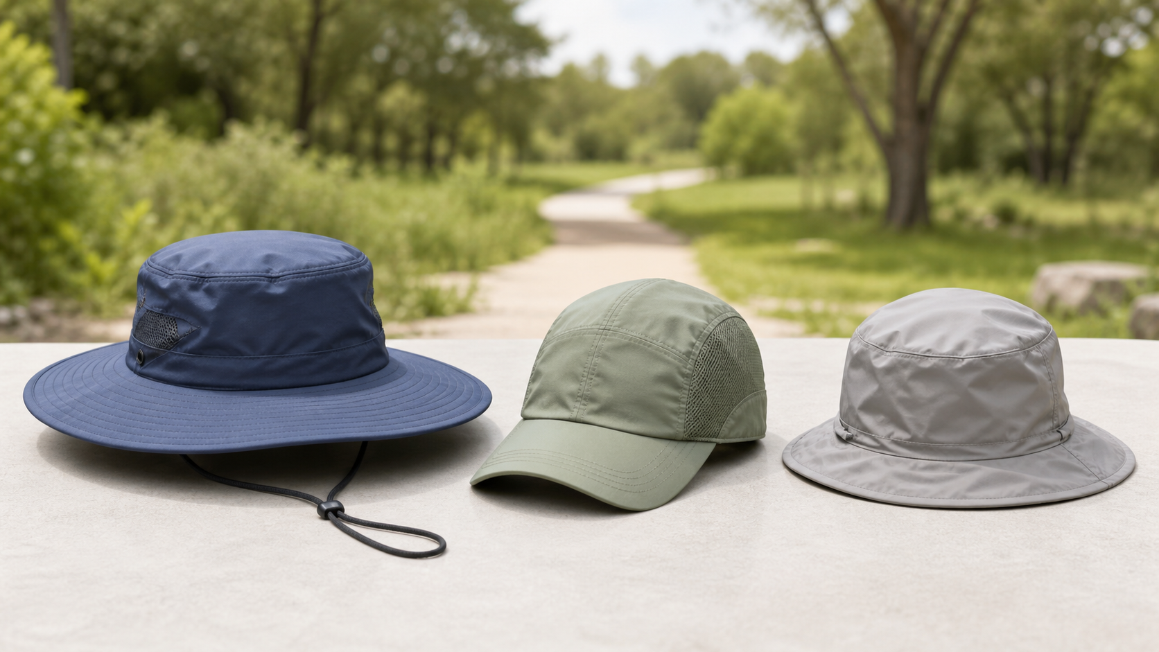 A wide-brim sun hat, ventilated cap, and packable brimmed hat arranged beside a park path for comparison