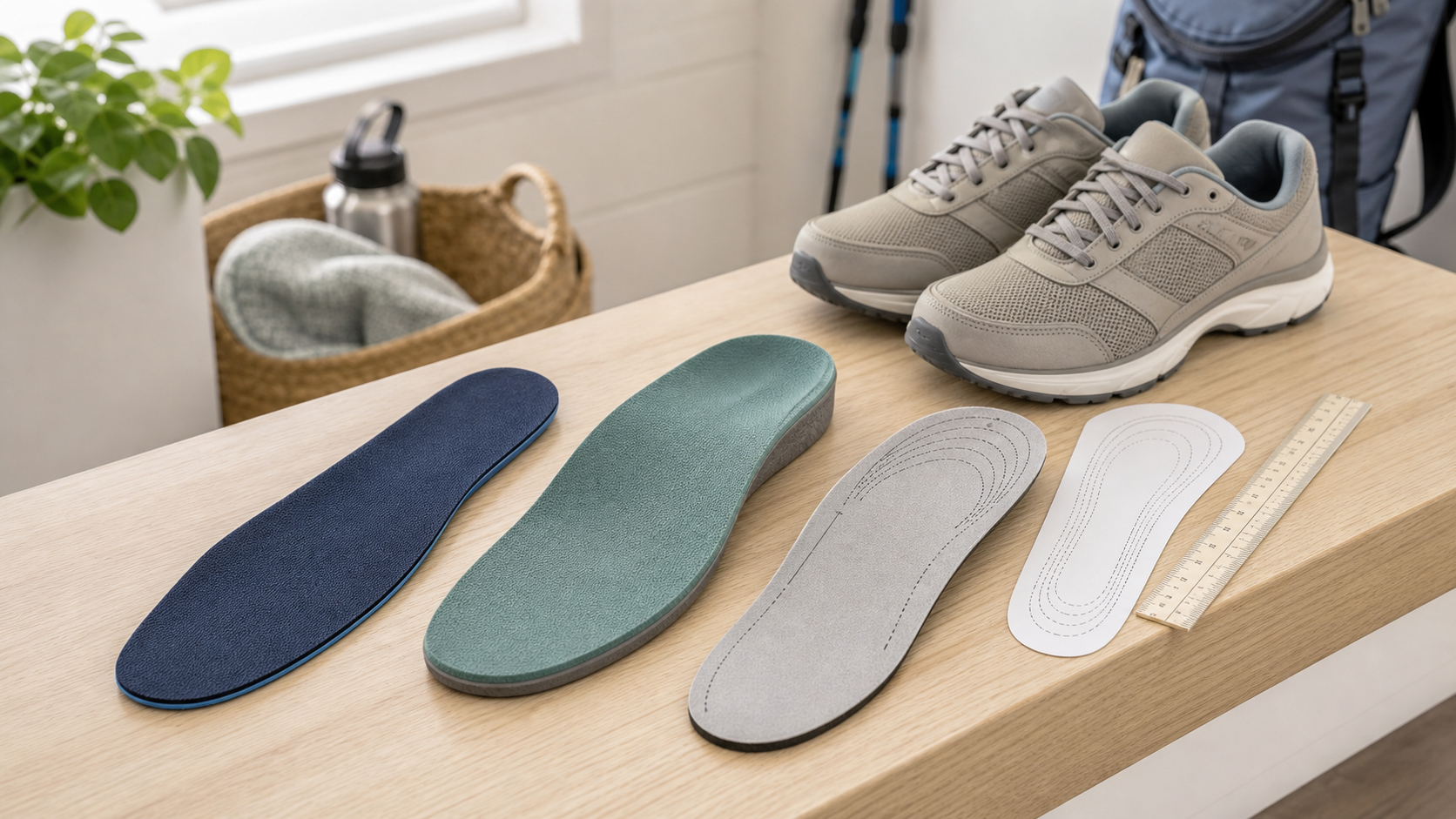 Three unbranded general-purpose walking-shoe insoles in thin, cushioned, and trim-to-fit formats beside neutral walking shoes, a paper trim guide, and a ruler