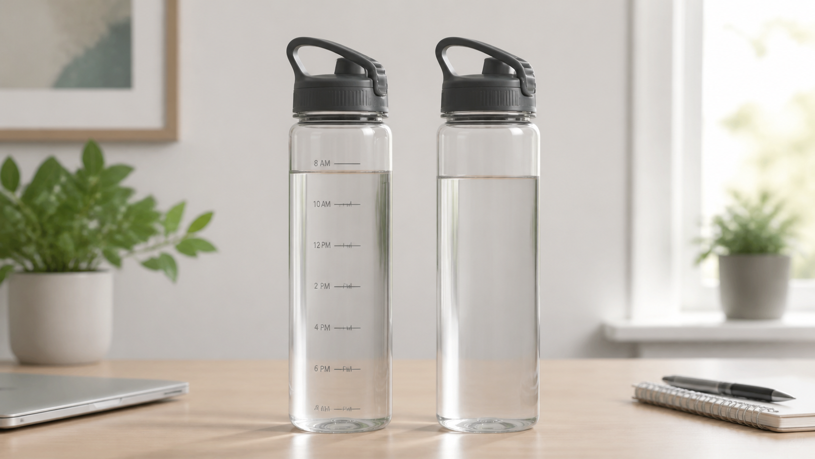 A clear water bottle with subtle time markers beside a similar plain unmarked bottle on a home-office desk