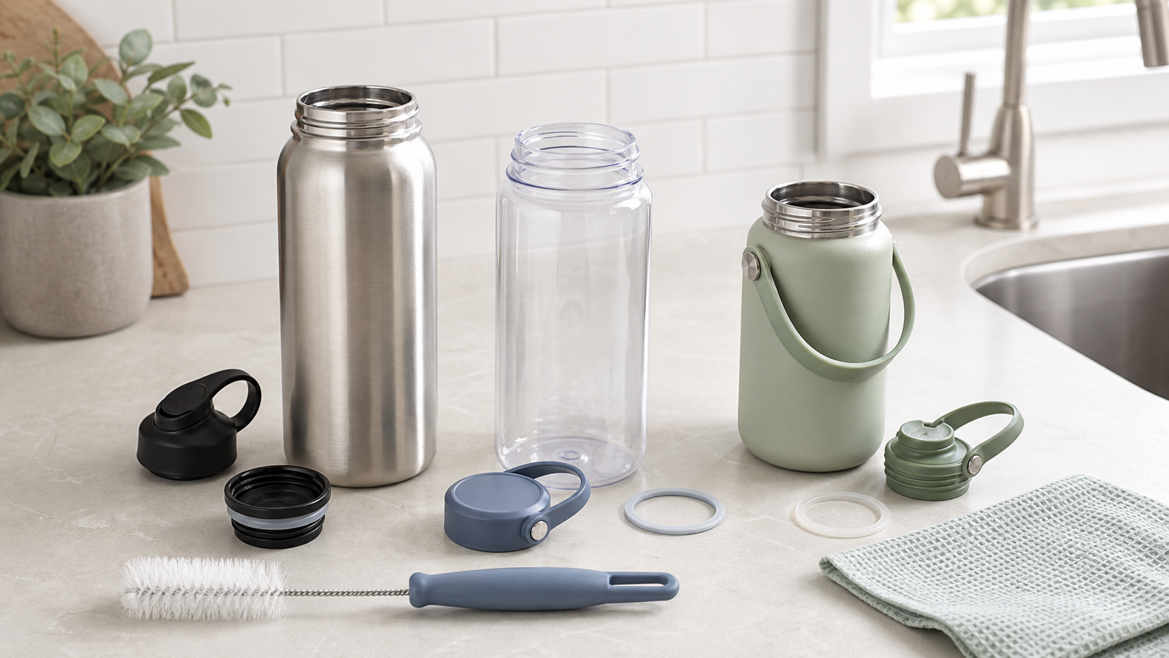 Three unbranded wide-mouth reusable bottles in stainless steel, clear plastic, and coated metal with their lids and gaskets removed beside a bottle brush