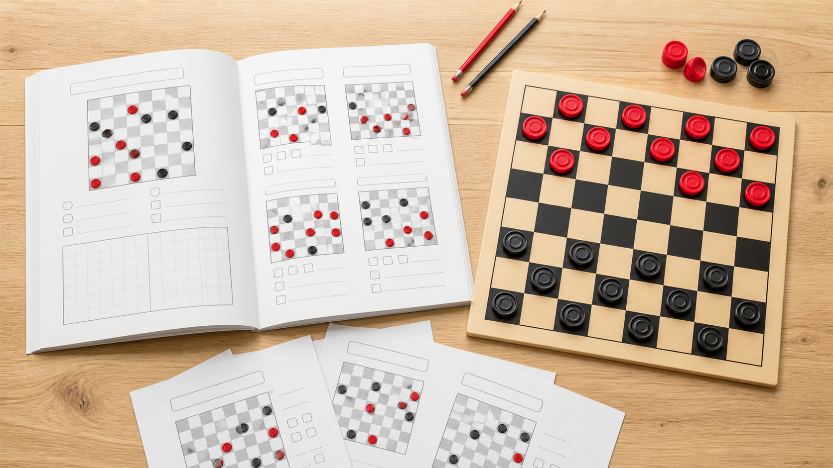 Open generic checkers activity workbook, puzzle sheets, pencils, and an 8-by-8 checkers board for comparing learning formats