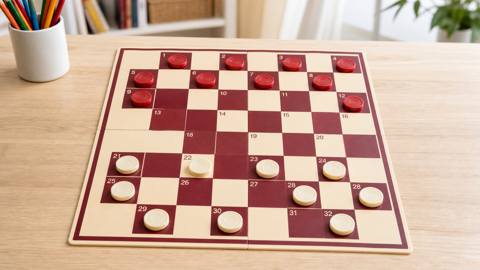 Checkers learning board with numbers on the playable squares, showing how labels can help learners describe positions