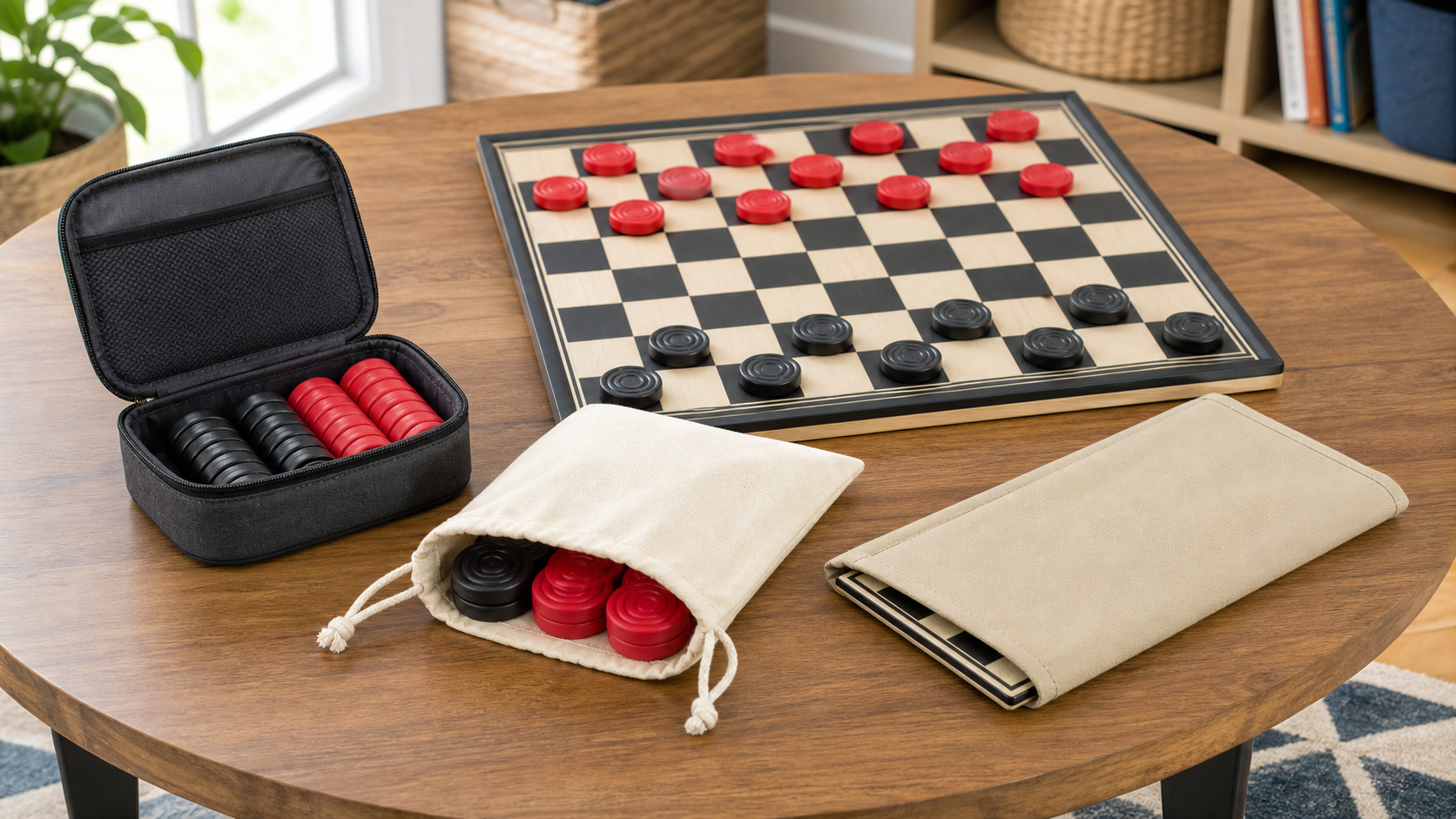 Zippered checker-piece case, drawstring storage pouch, and flat board sleeve showing different ways to transport a checkers set