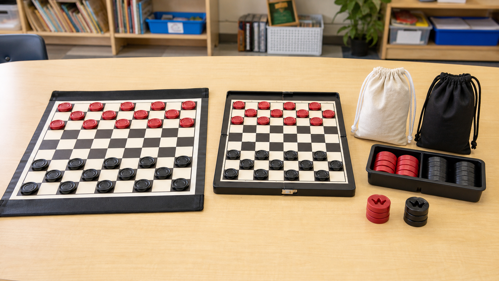 Two classroom checkers boards with large stackable red and black pieces, storage bags, replacement pieces, and king stacks for comparing group-use formats