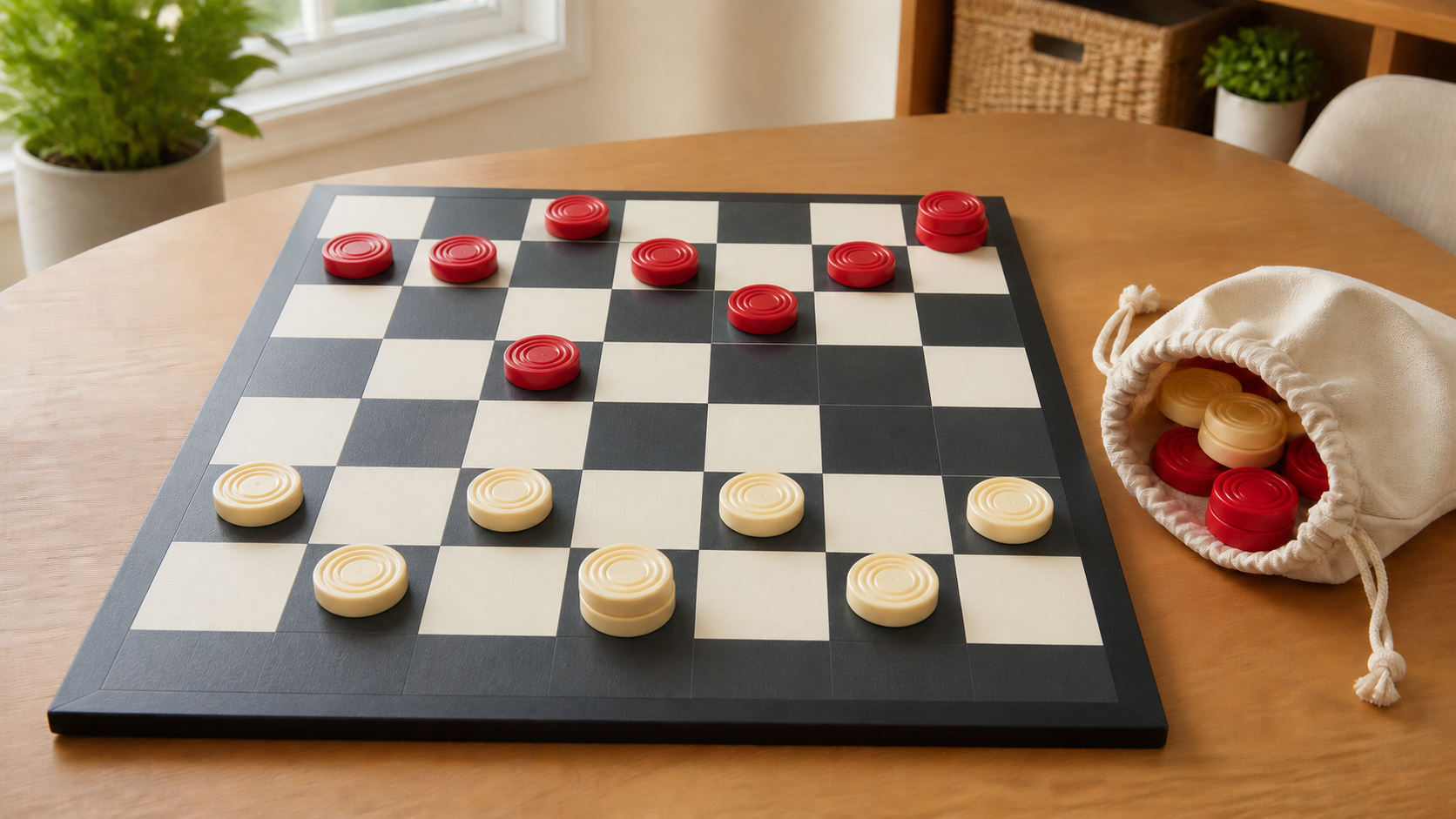 Large red and cream checkers displayed for size and contrast on a full high-contrast board beside a drawstring storage pouch