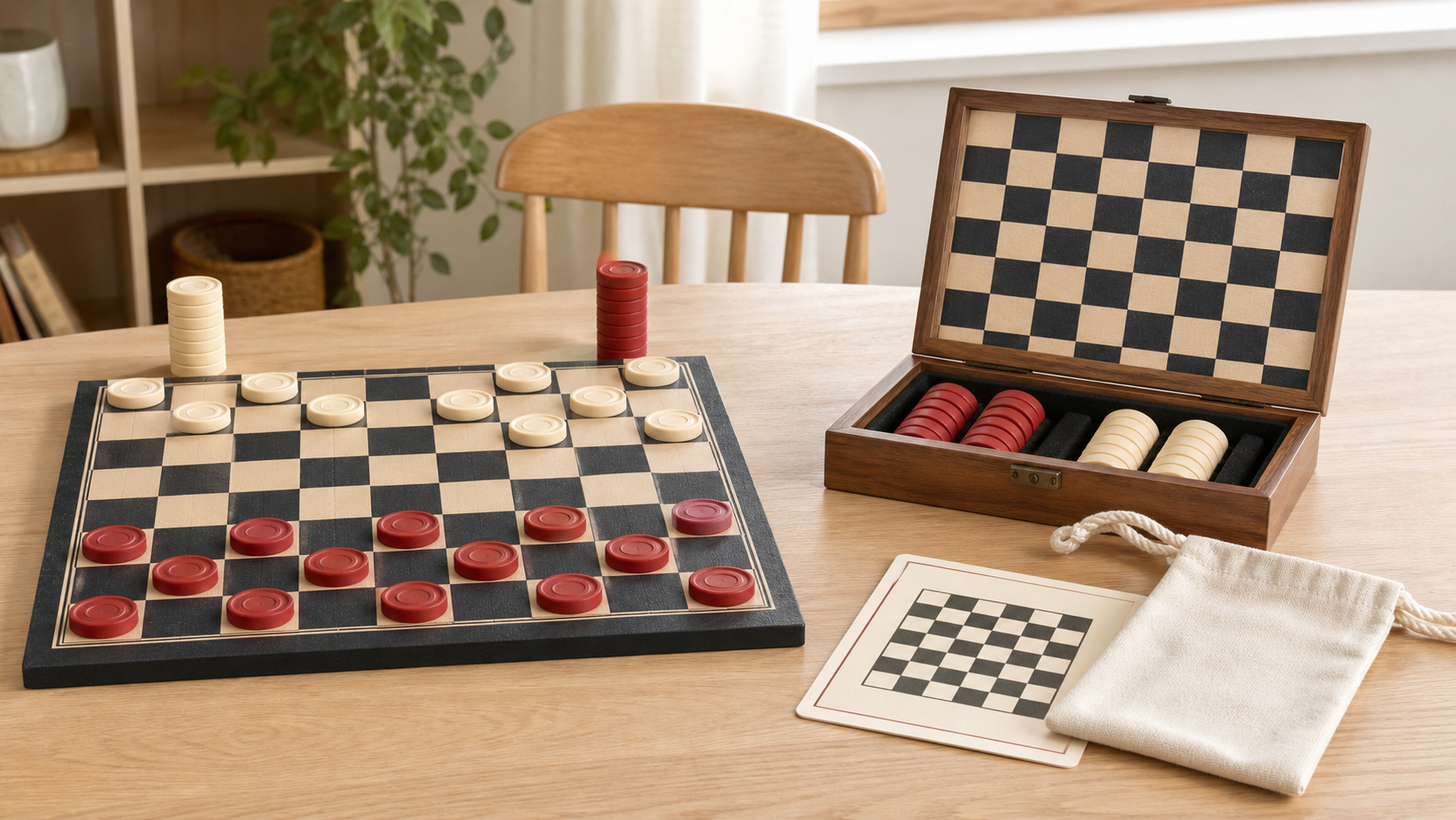 Large red and cream stackable checkers on a high-contrast learning board beside a folding set and simple storage pouch