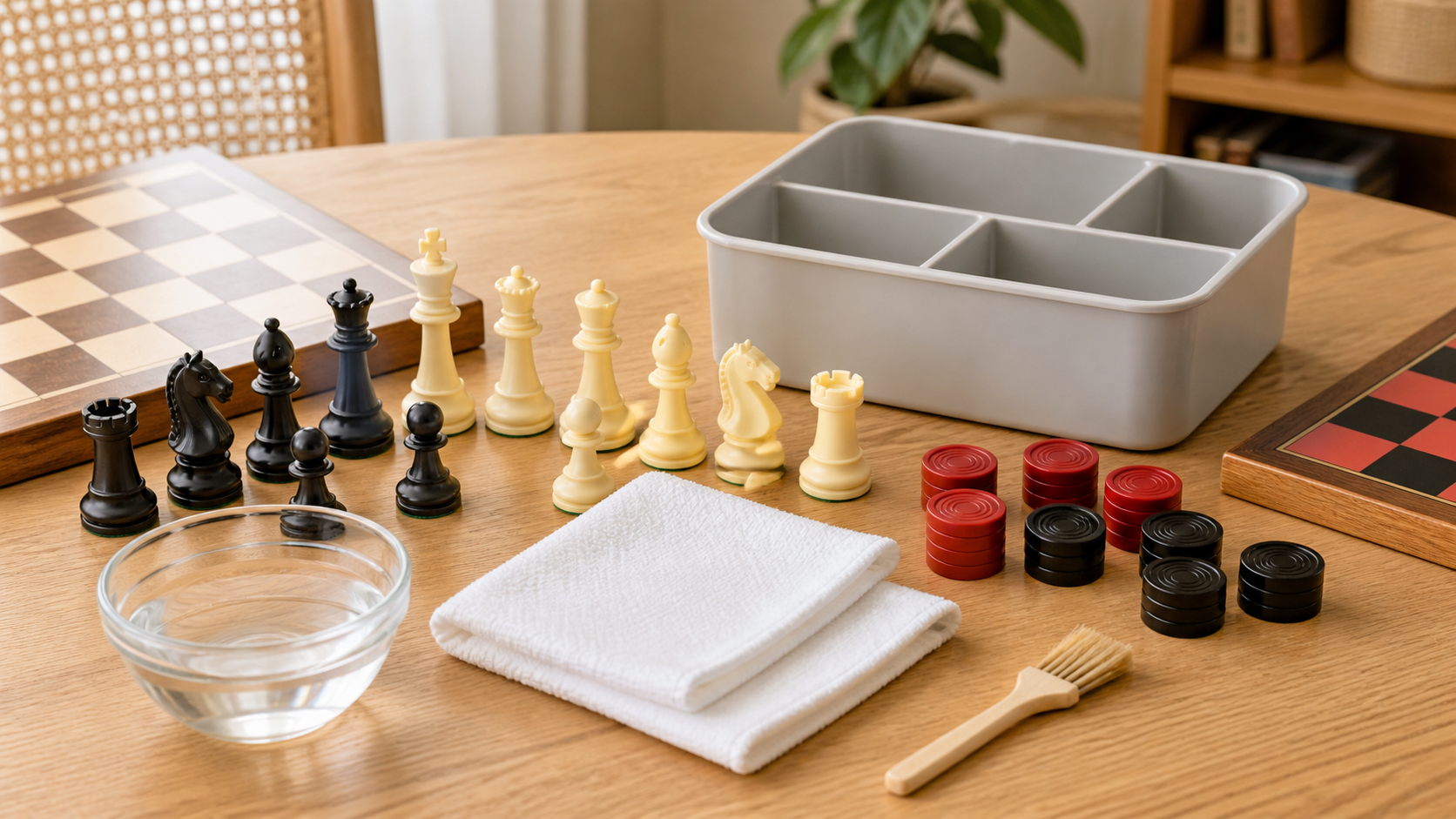 Unbranded plastic chess and checkers pieces beside microfiber cloths, a soft brush, a water bowl, and a storage caddy