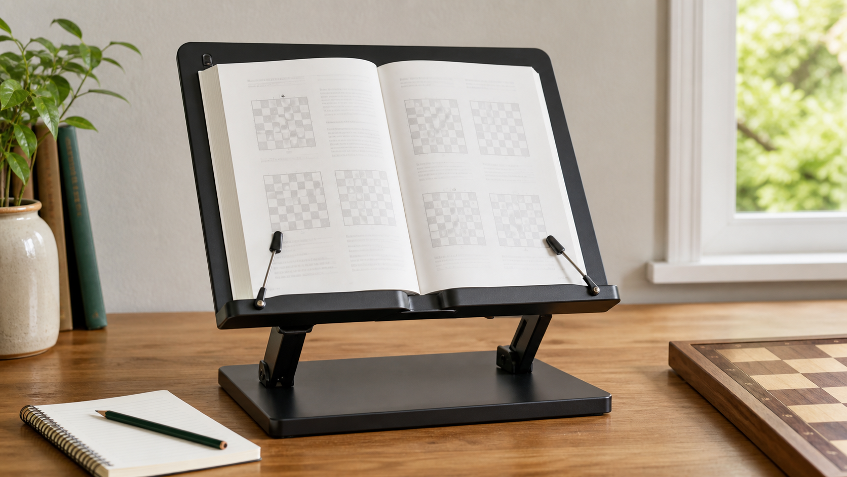 Adjustable black book stand holding an open chess study book beside a notebook and the corner of an empty wooden chessboard