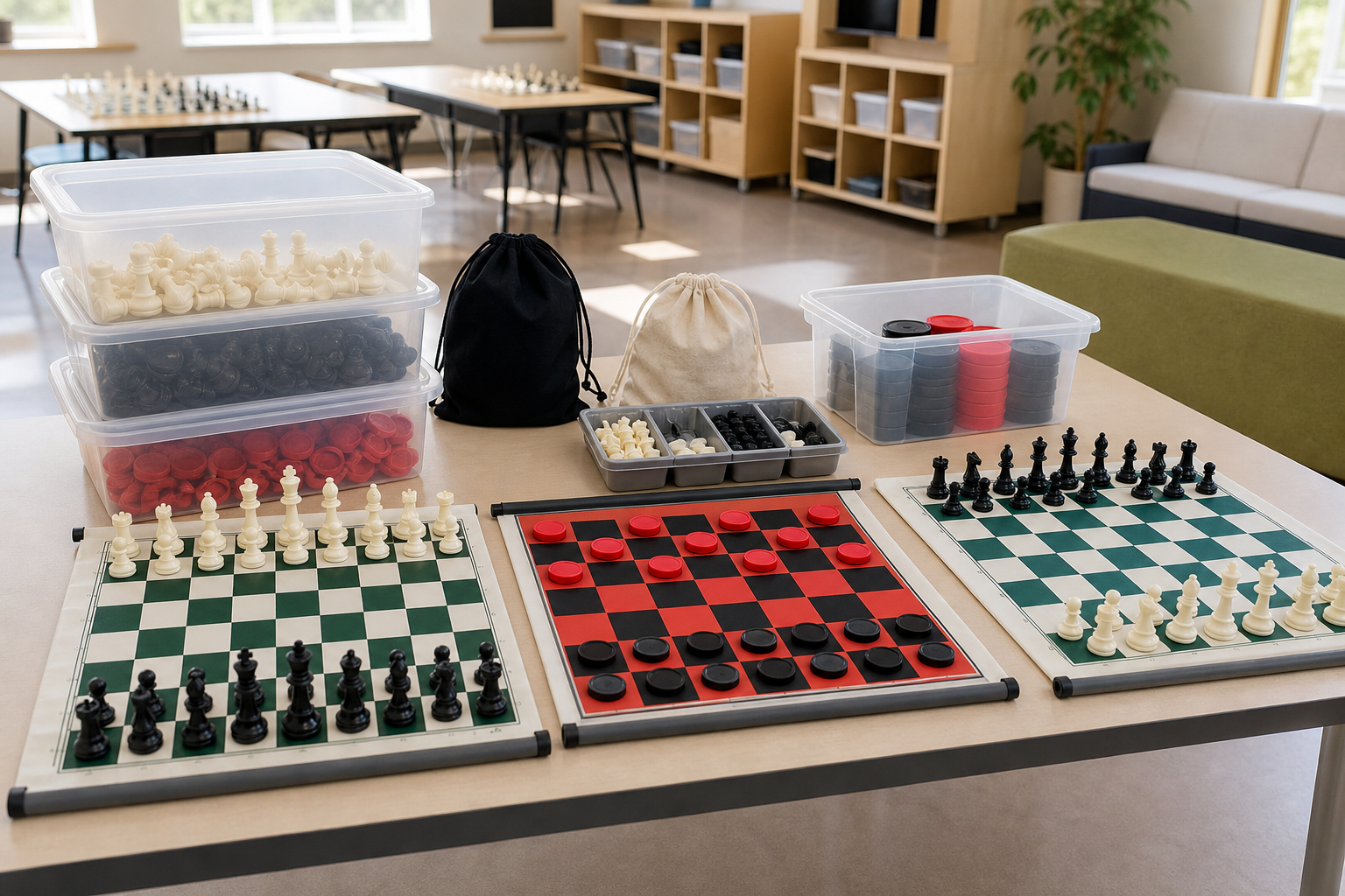 Durable roll-up chess and checkers boards with readable plastic pieces, divided storage bins, drawstring bags, and spare pieces arranged for changing after-school attendance