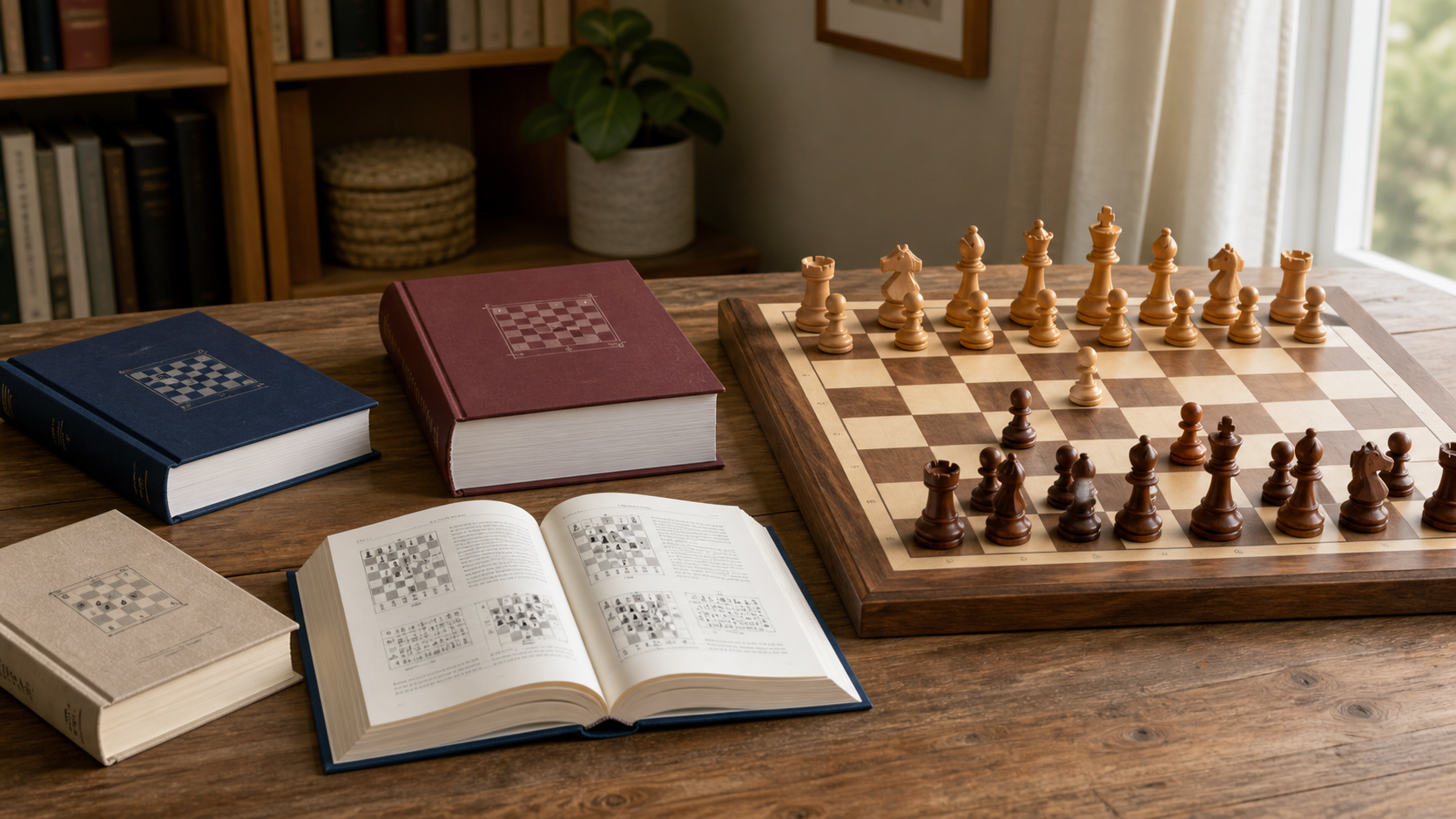 Several generic beginner chess study books beside a wooden board arranged for opening study