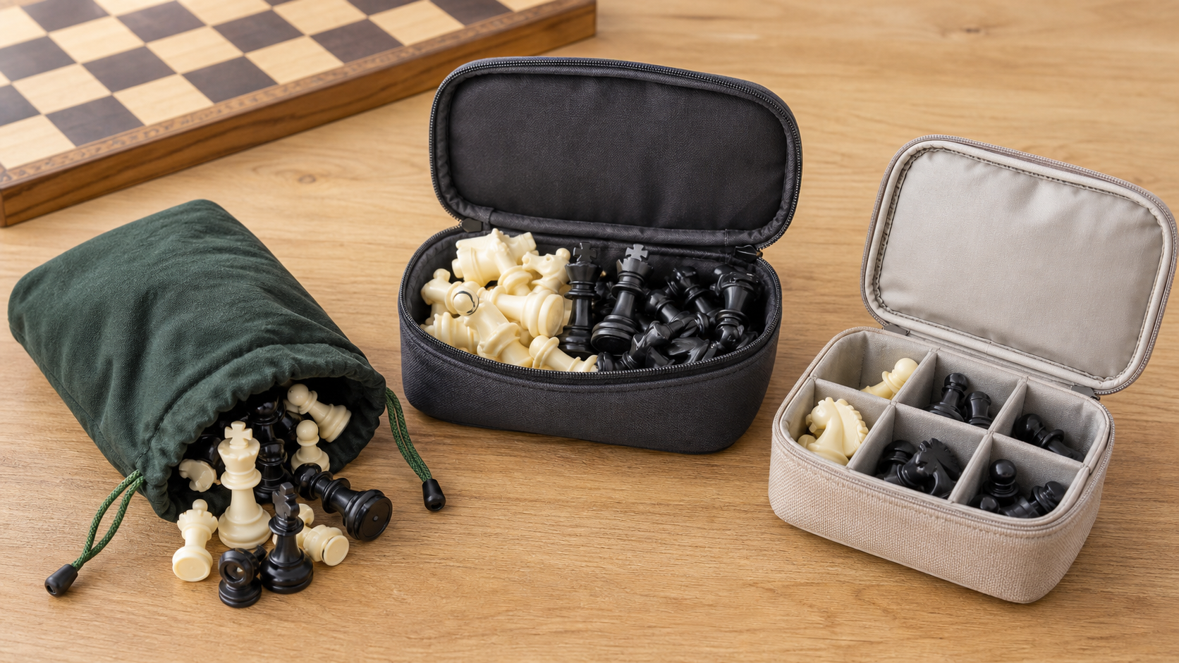 Drawstring, zippered, and divided chess piece storage bags showing different levels of protection for loose chess pieces